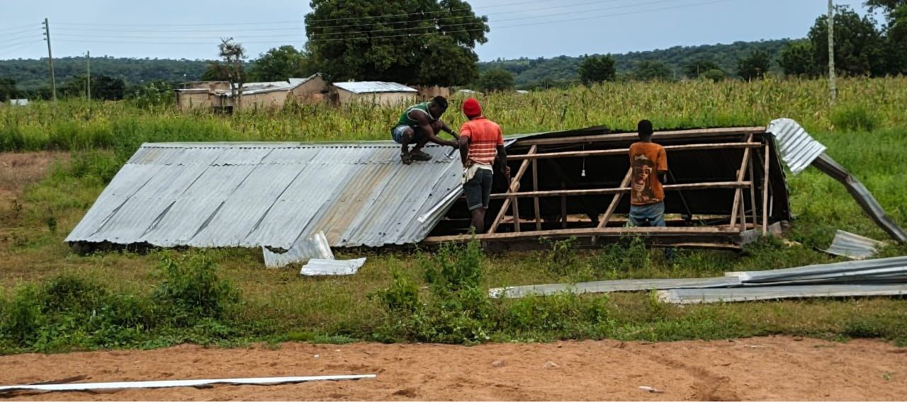 Men dismantling the school's collapsed pavilion and salvaging its roofing sheets, September 2025